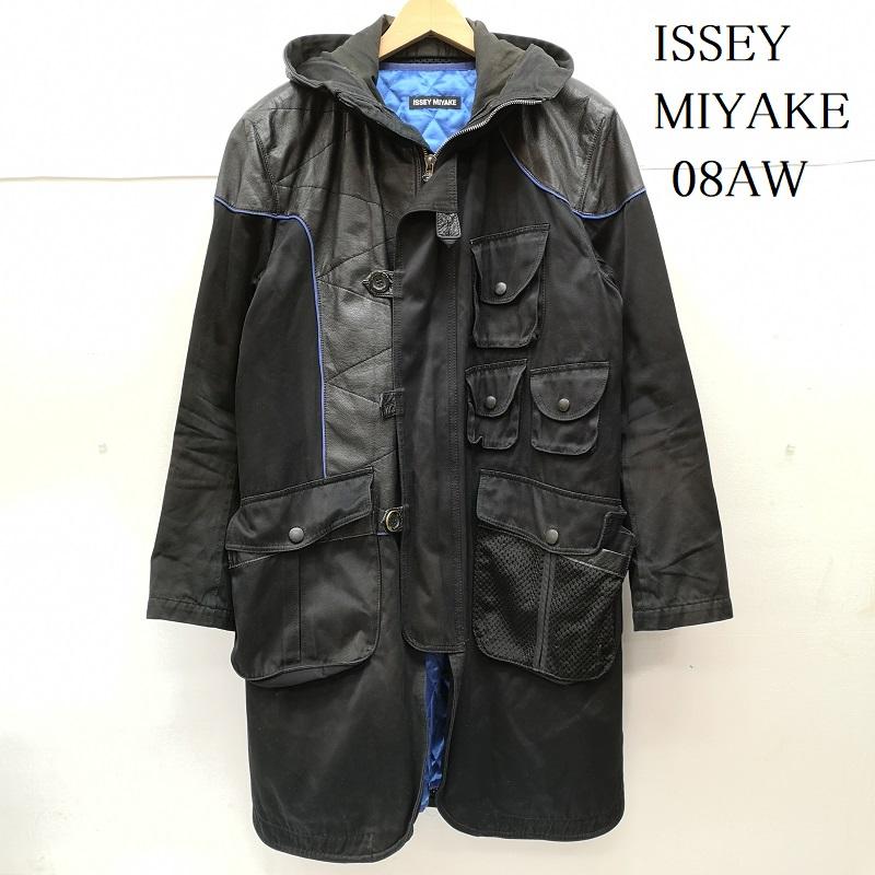 イッセイミヤケ ISSEY MIYAKE コート コート一般 08AW レザー メッシュ コットン デザイン ミリタリー コート 3 黒 / ブラック / black X 青 / ブルー / blue メンズ USED 古着 中古 50150040