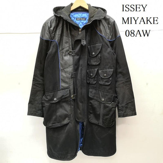 イッセイミヤケ ISSEY MIYAKE コート コート一般 08AW レザー メッシュ コットン デザイン ミリタリー コート 3 黒 / ブラック / black X 青 / ブルー / blue メンズ USED 古着 中古 50150040