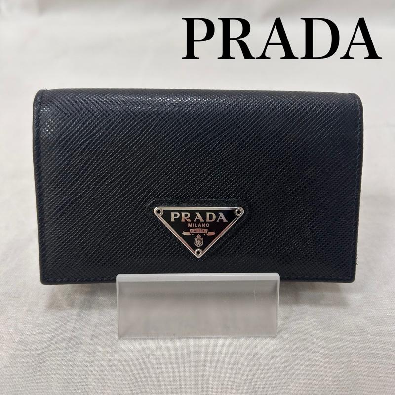 プラダ PRADA カードケース 名刺入れ サフィアーノトライアングルカードケース 二つ折り ブラック - ロゴ、文字 黒 / ブラック / black メンズ USED 古着 中古 50150304