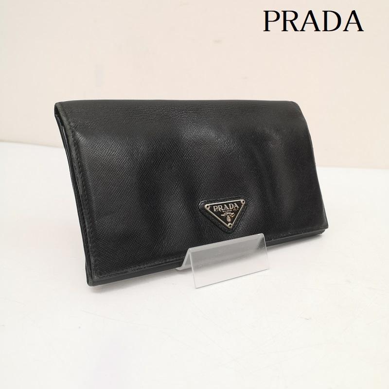 プラダ PRADA 財布 長財布 長財布 二つ折り サフィアーノレザー トライアングル 三角 ロゴ - 黒 / ブラック / black レディース USED 古着 中古 50150307