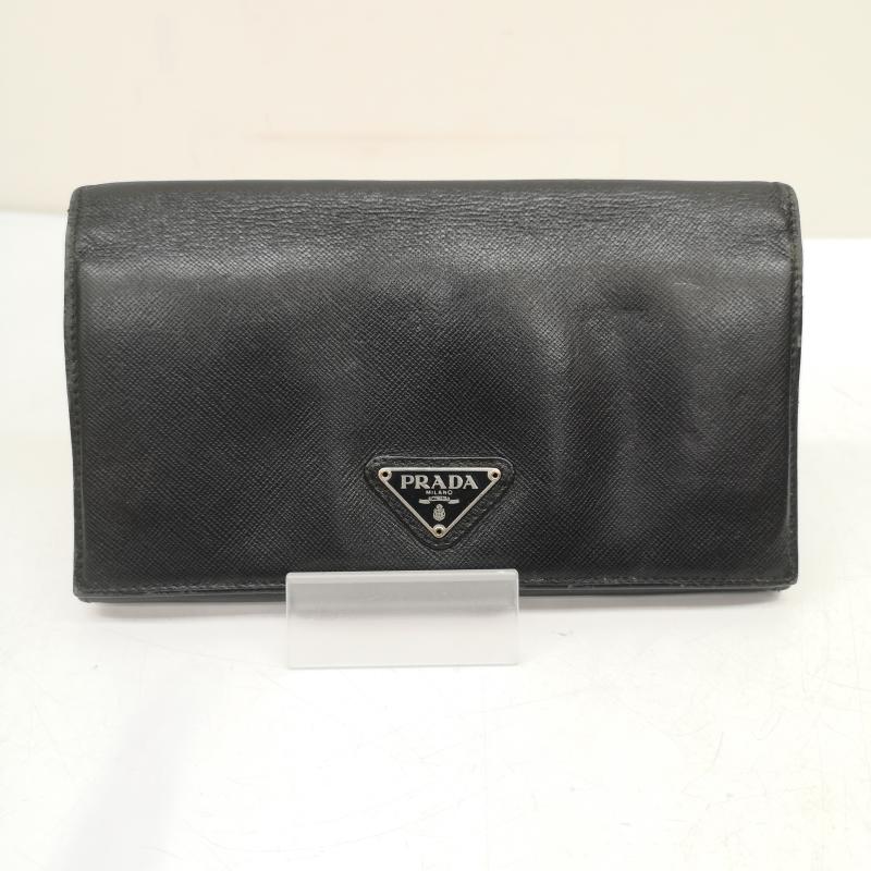 プラダ PRADA 財布 長財布 長財布 二つ折り サフィアーノレザー トライアングル 三角 ロゴ - 黒 / ブラック / black レディース USED 古着 中古 50150307
