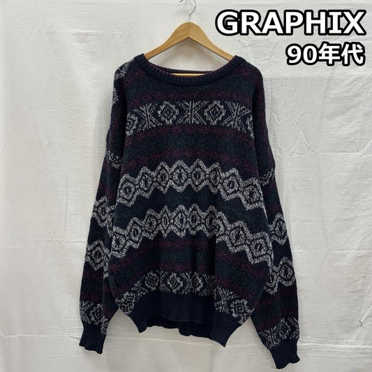 古着 USED ニット、セーター 長袖 GRAPHIX 90年代 ビンテージ 韓国製 ビッグサイズ 総柄 ニット セーター 90s VINTAGE - メンズ USED 古着 中古 50150435