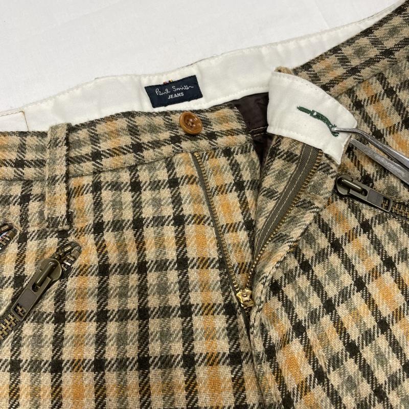 ポールスミス Paul Smith パンツ ワークパンツ、ペインターパンツ チェック ジッパー フライ ウール パンツ レザー パッチ XL チェック ベージュ / ベージュ / beige X 茶 / ブラウン / brown X 橙 / オレンジ / orange メンズ USED 古着 中古 50150652