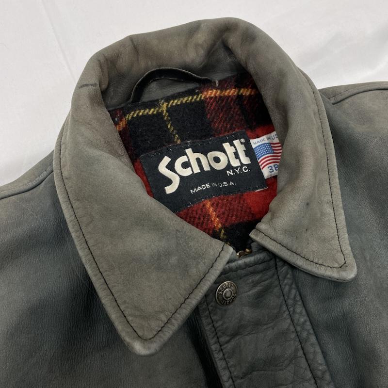 ショット Shott ジャケット、上着 レザージャケット レザー ジャケット USA製 ヴィンテージ 裏地 ウール チェック カーコート 雰囲気抜群 38 灰 / グレー / gray メンズ USED 古着 中古 50150750