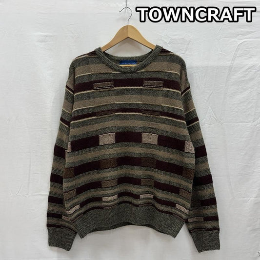 タウンクラフト TOWNCRAFT ニット、セーター 長袖 ボーダーパターン クルーネック アクリル ニット セーター L ボーダー柄 メンズ USED 古着 中古 50150786