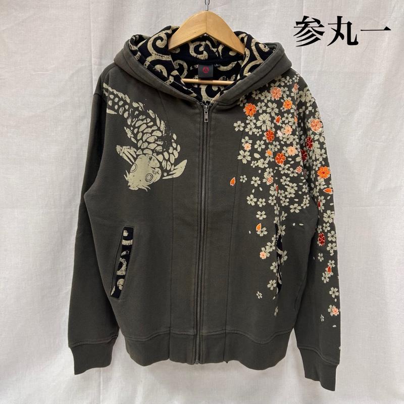 サンマルイチ 参丸一 パーカー 長袖 和柄 サクラ刺繍 唐草模様 フルジップアップフーディー 重ね着風 グレー L L 花柄 X 刺繍 灰 / グレー / gray メンズ USED 古着 中古 50150820