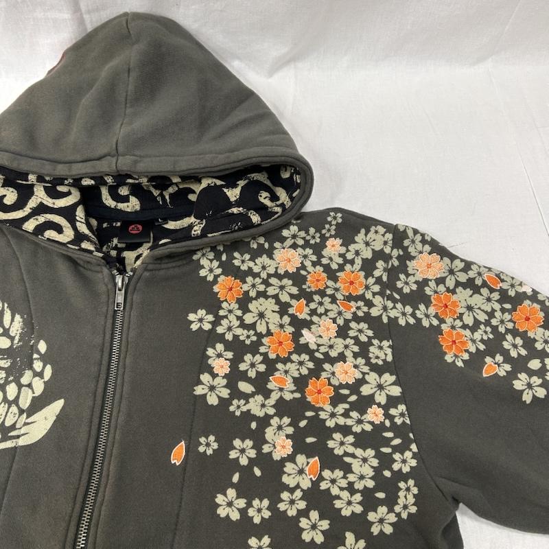 サンマルイチ 参丸一 パーカー 長袖 和柄 サクラ刺繍 唐草模様 フルジップアップフーディー 重ね着風 グレー L L 花柄 X 刺繍 灰 / グレー / gray メンズ USED 古着 中古 50150820