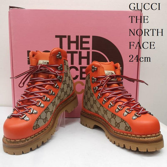 グッチ GUCCI ブーツ 一般 THE NORTH FACE 679927 GGスプリーム トレッキング ブーツ ロゴ 38 24.0cm ベージュ / ベージュ / beige X 橙 / オレンジ / orange レディース USED 古着 中古 50150858