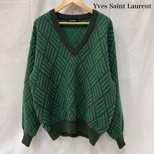 イヴサンローラン Yves Saint Laurent ニット、セーター 長袖 総柄Vネックニット セーター ダイヤ ワイドシルエット L 総柄 緑 / グリーン / green X カーキ / カーキ / khaki メンズ USED 古着 中古 50151061