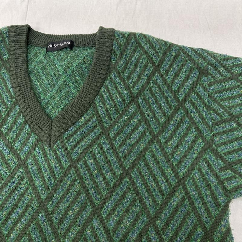 イヴサンローラン Yves Saint Laurent ニット、セーター 長袖 総柄Vネックニット セーター ダイヤ ワイドシルエット L 総柄 緑 / グリーン / green X カーキ / カーキ / khaki メンズ USED 古着 中古 50151061