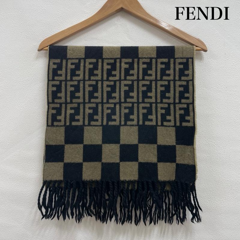 フェンディ FENDI マフラー マフラー ズッカ柄 チェック フリンジ ウール マフラー イタリア製 ユニセックス - ストライプ X チェック X ロゴ、文字 ベージュ / ベージュ / beige X 黒 / ブラック / black レディース USED 古着 中古 50151090