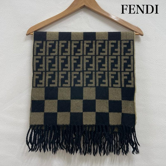 フェンディ FENDI マフラー マフラー ズッカ柄 チェック フリンジ ウール マフラー イタリア製 ユニセックス - ストライプ X チェック X ロゴ、文字 ベージュ / ベージュ / beige X 黒 / ブラック / black レディース USED 古着 中古 50151090