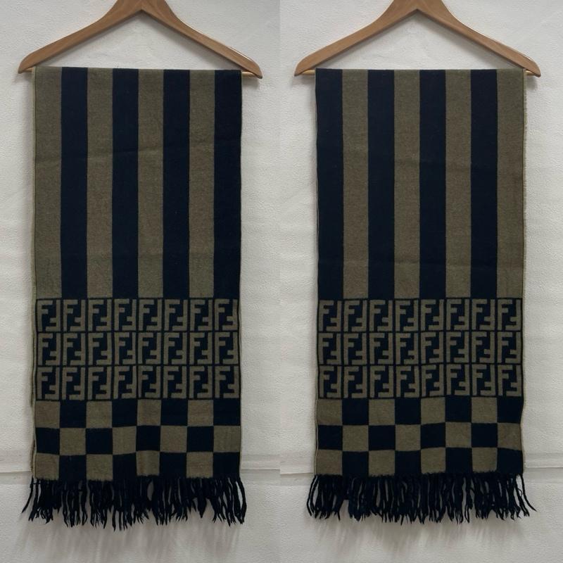 フェンディ FENDI マフラー マフラー ズッカ柄 チェック フリンジ ウール マフラー イタリア製 ユニセックス - ストライプ X チェック X ロゴ、文字 ベージュ / ベージュ / beige X 黒 / ブラック / black レディース USED 古着 中古 50151090