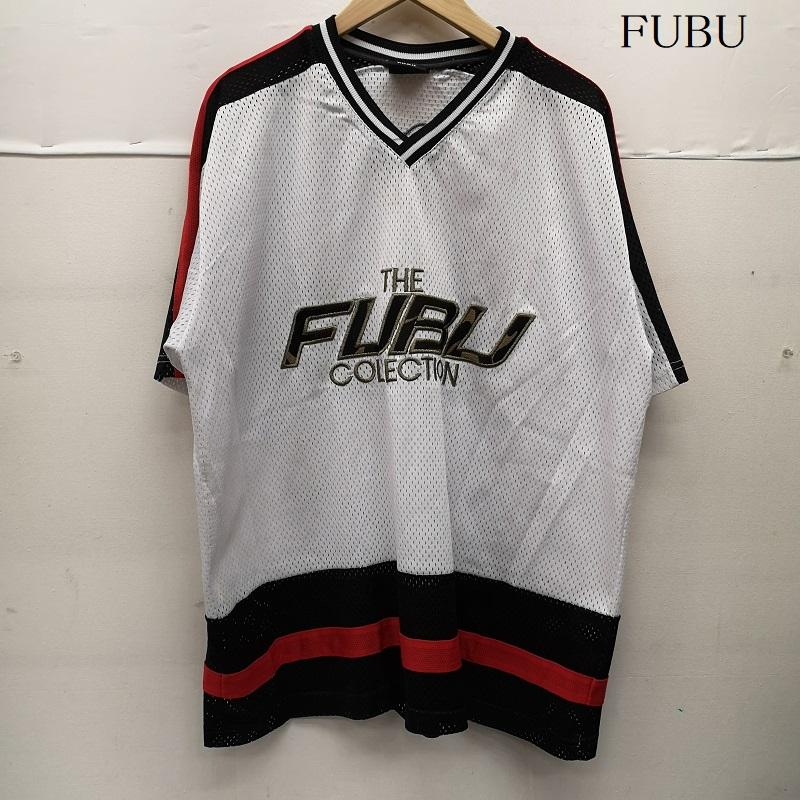 フブ FUBU Tシャツ 半袖 90s 迷彩 ロゴ メッシュ ゲーム シャツ 白 / ホワイト / white X 黒 / ブラック / black X 赤 / レッド / red X 金 / ゴールド / gold color メンズ USED 古着 中古 50151111