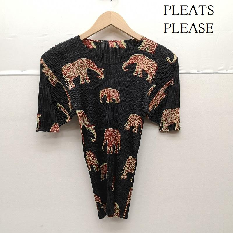 プリーツプリーズ PLEATS PLEASE カットソー 半袖 90s PP94-JK551 1999年 象柄 エレファント マンモス 総柄 動物柄 カットソー 3 黒 / ブラック / black レディース USED 古着 中古 50151296