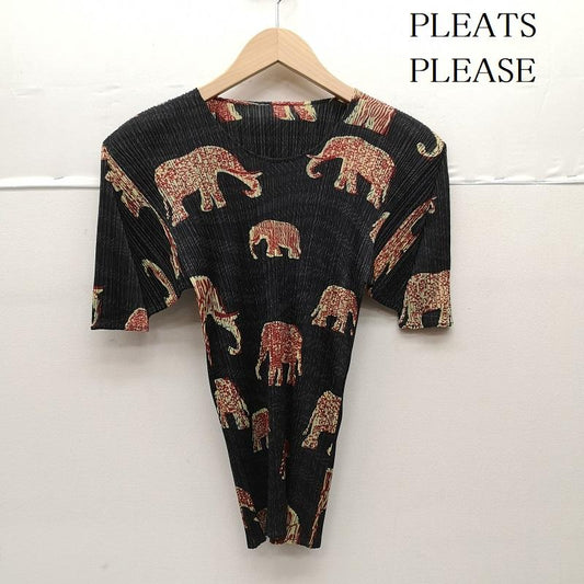プリーツプリーズ PLEATS PLEASE カットソー 半袖 90s PP94-JK551 1999年 象柄 エレファント マンモス 総柄 動物柄 カットソー 3 黒 / ブラック / black レディース USED 古着 中古 50151296