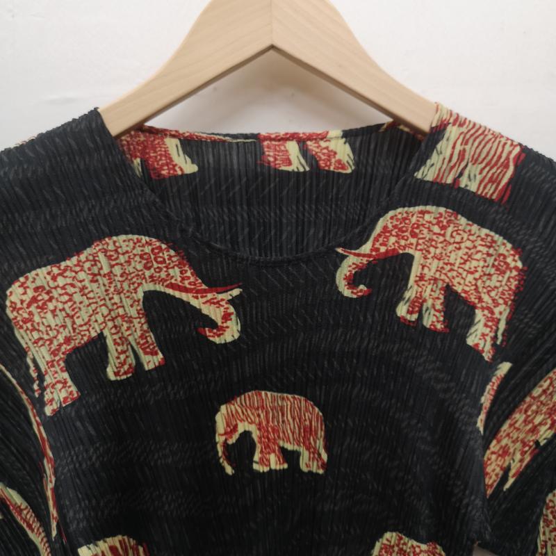 プリーツプリーズ PLEATS PLEASE カットソー 半袖 90s PP94-JK551 1999年 象柄 エレファント マンモス 総柄 動物柄 カットソー 3 黒 / ブラック / black レディース USED 古着 中古 50151296