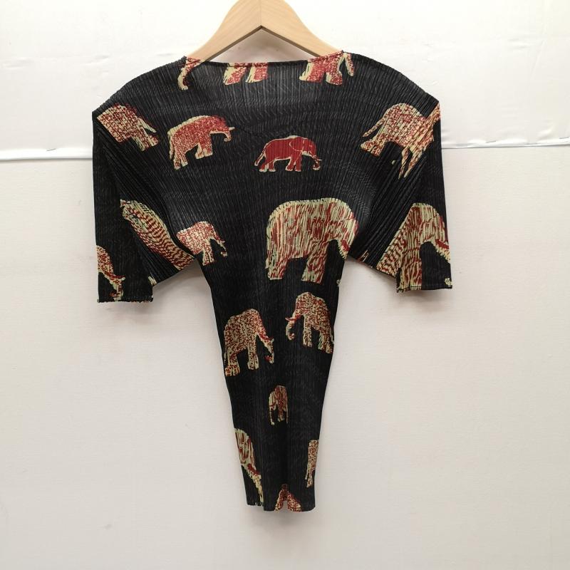 プリーツプリーズ PLEATS PLEASE カットソー 半袖 90s PP94-JK551 1999年 象柄 エレファント マンモス 総柄 動物柄 カットソー 3 黒 / ブラック / black レディース USED 古着 中古 50151296