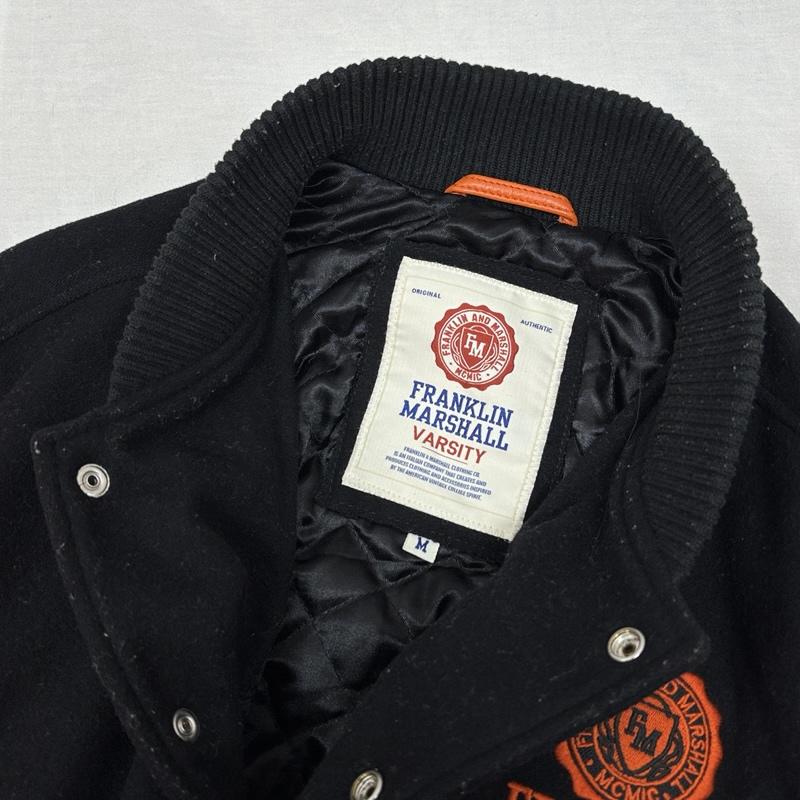 フランクリンマーシャル FRANKLIN&MARSHALL ジャケット、上着 ジャンパー、ブルゾン エンブレム ロゴ 刺繍 ウール レザー コンビ スタジャン バーシティ ジャケット M 黒 / ブラック / black X 橙 / オレンジ / orange メンズ USED 古着 中古 50151323