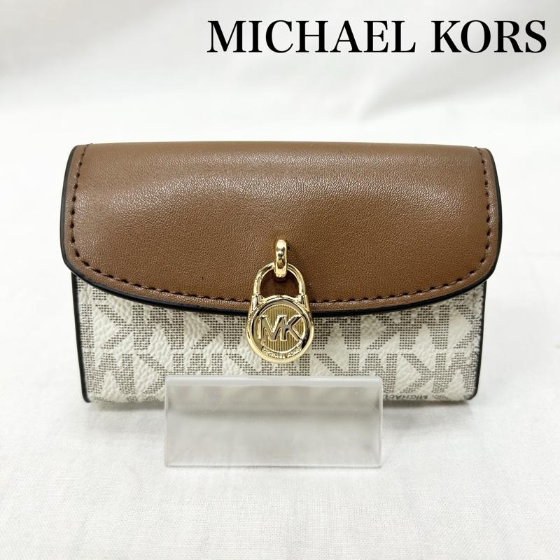 マイケルコース MICHAEL KORS 財布 コンパクト財布 35s5g1ye0b PVCコインケース MKシグネチャー ミニ財布 white×brown - 総柄 茶 / ブラウン / brown X 白 / ホワイト / white レディース USED 古着 中古 50151438