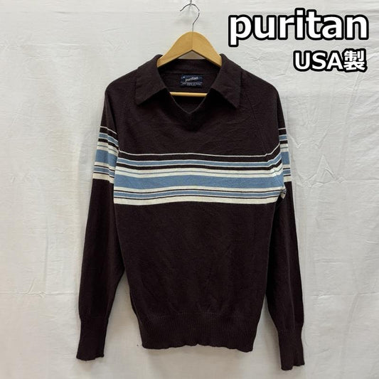 古着 USED ポロシャツ 長袖 puritan ピューリタン USA製 ボーダー柄 Vネック 長袖 ニット ポロシャツ M ボーダー柄 茶 / ブラウン / brown メンズ USED 古着 中古 50151538