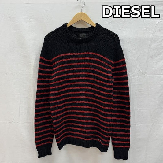 ディーゼル DIESEL ニット、セーター 長袖 ボーダー柄 クルーネック ローゲージ ウール ニット セーター S ボーダー柄 黒 / ブラック / black X 赤 / レッド / red メンズ USED 古着 中古 50151540