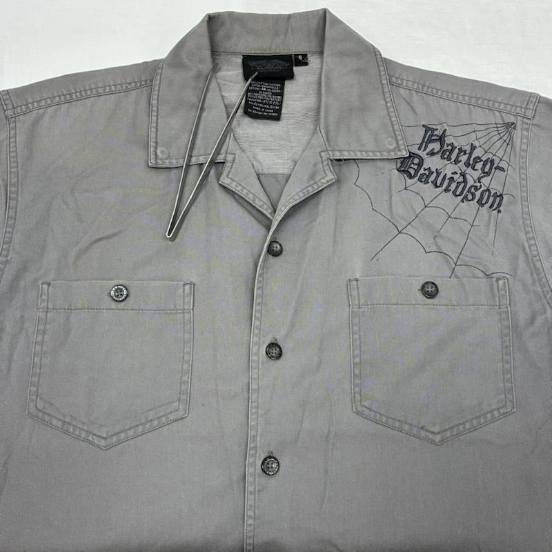 ハーレーダビッドソン Harley-Davidson シャツ、ブラウス 半袖 00s スパイダーウェブ 蜘蛛の巣 スカル 髑髏 オープンカラー 開襟 ワークシャツ S ロゴ、文字 灰 / グレー / gray メンズ USED 古着 中古 50151601