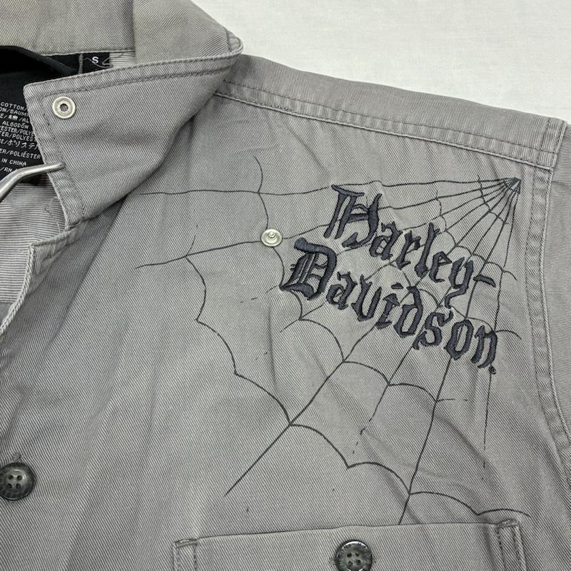 ハーレーダビッドソン Harley-Davidson シャツ、ブラウス 半袖 00s スパイダーウェブ 蜘蛛の巣 スカル 髑髏 オープンカラー 開襟 ワークシャツ S ロゴ、文字 灰 / グレー / gray メンズ USED 古着 中古 50151601