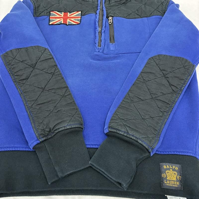 ポロバイラルフローレン Polo by RALPH LAUREN トレーナー 長袖 ハーフジップ スウェット キルティング パッド 切替 プルオーバー トレーナー 星条旗 S ワンポイント 青 / ブルー / blue X 紺 / ネイビー / navy メンズ USED 古着 中古 50151607