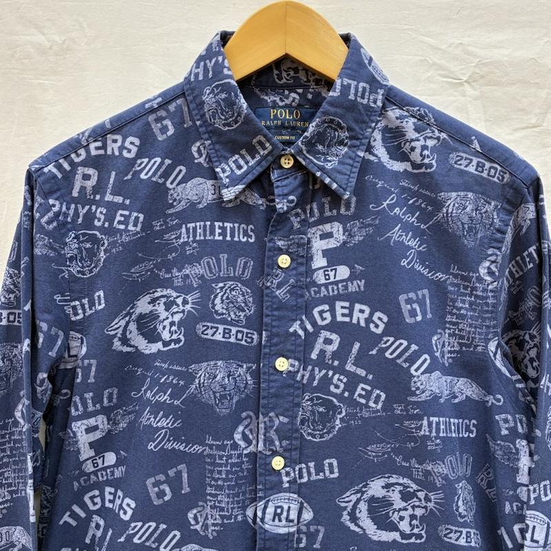 ポロラルフローレン POLO RALPH LAUREN シャツ、ブラウス 長袖 CUSTOM FIT タイガー ブルドック ラグビー ウィング 総柄 ボタンシャツ S 総柄 青 / ブルー / blue メンズ USED 古着 中古 50151625