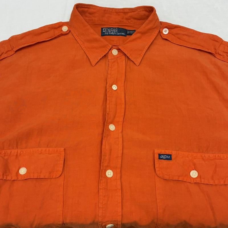 ポロバイラルフローレン Polo by RALPH LAUREN シャツ、ブラウス 長袖 90s リネン シルク エポレット フラップポケット サファリ シャツ 2WAY XXL ワンポイント X ロゴ、文字 橙 / オレンジ / orange メンズ USED 古着 中古 50151626