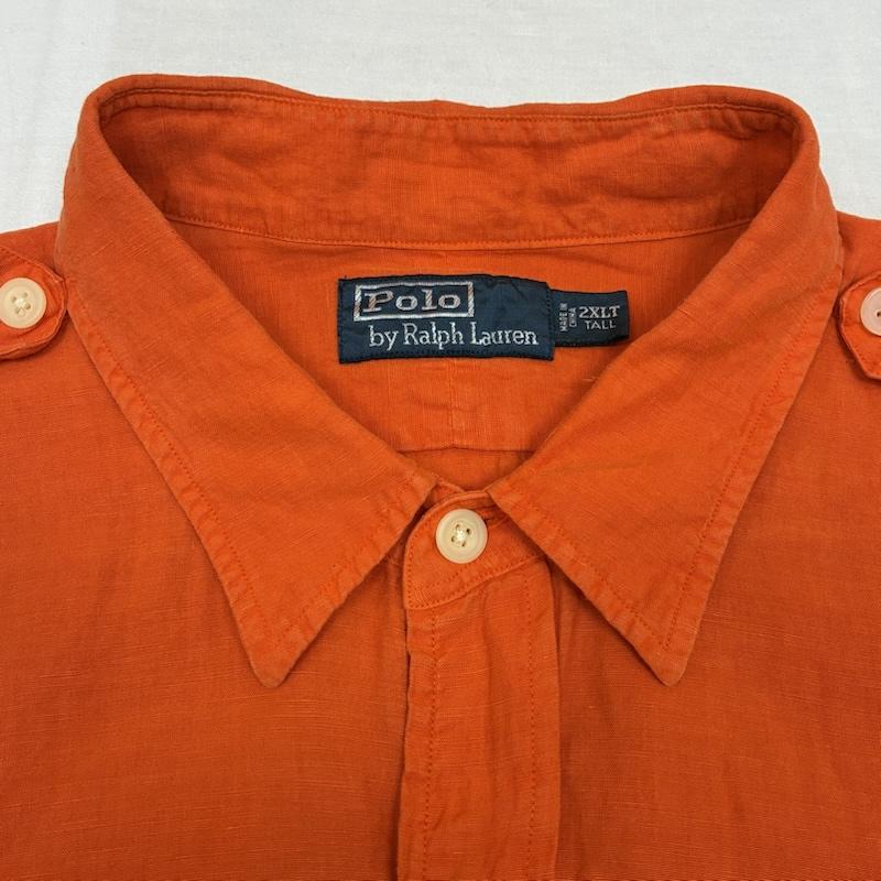 ポロバイラルフローレン Polo by RALPH LAUREN シャツ、ブラウス 長袖 90s リネン シルク エポレット フラップポケット サファリ シャツ 2WAY XXL ワンポイント X ロゴ、文字 橙 / オレンジ / orange メンズ USED 古着 中古 50151626