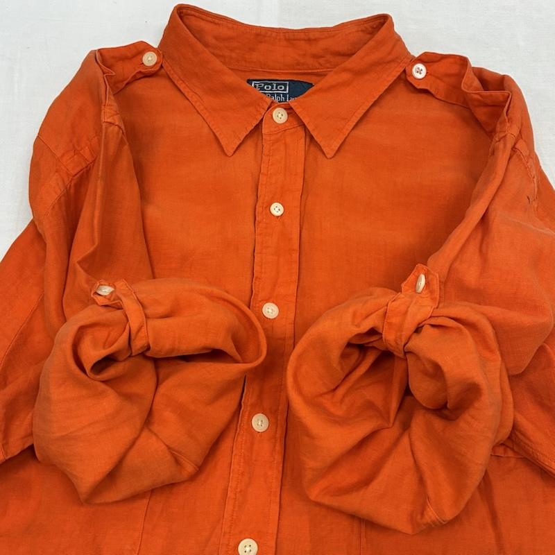 ポロバイラルフローレン Polo by RALPH LAUREN シャツ、ブラウス 長袖 90s リネン シルク エポレット フラップポケット サファリ シャツ 2WAY XXL ワンポイント X ロゴ、文字 橙 / オレンジ / orange メンズ USED 古着 中古 50151626