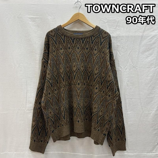 タウンクラフト TOWNCRAFT ニット、セーター 長袖 90s ジグザグ マルチボーダー クルーネック アクリル ニット セーター ヴィンテージ XXL メンズ USED 古着 中古 50151657