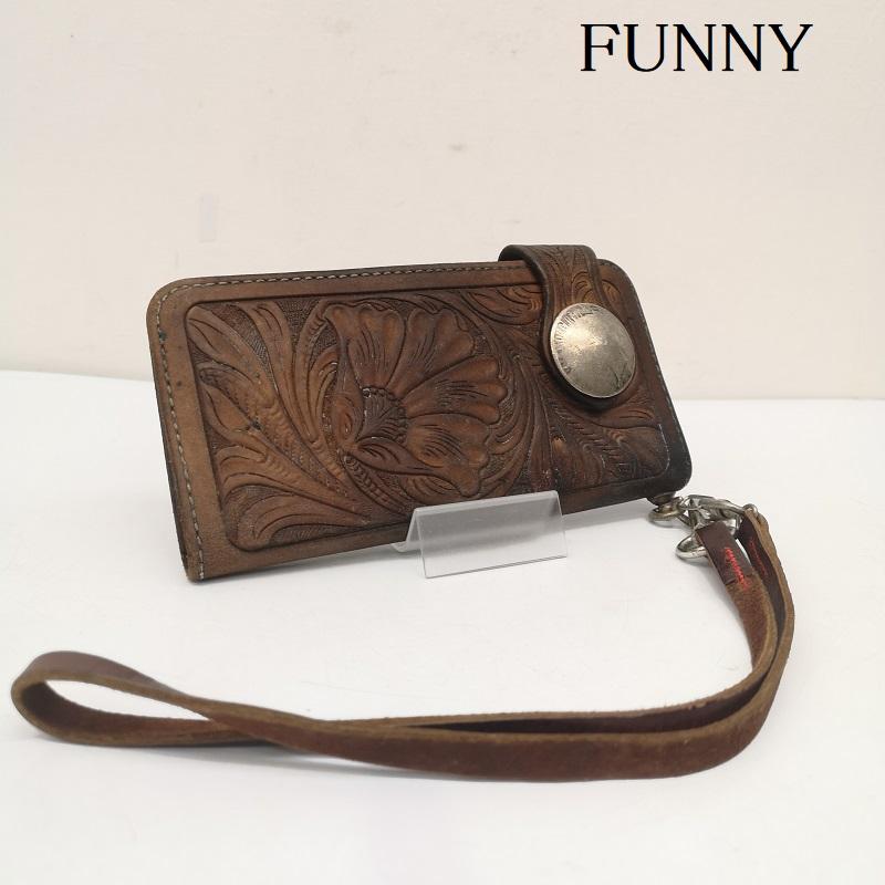 ファニー FUNNY 財布 長財布 カービング レザー コンチョ ロングウォレット 長財布 ウォレットコード - 茶 / ブラウン / brown メンズ USED 古着 中古 50151671