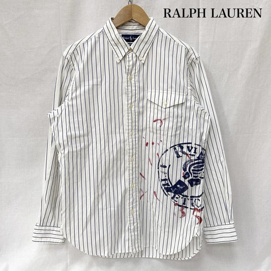 ラルフローレン RALPHLAUREN シャツ、ブラウス 長袖 BDシャツ ポニー刺繍 ボタンダウン ストライプシャツ ウイングフット ペイントらくがき風 L プリント X ストライプ 白 / ホワイト / white X 紺 / ネイビー / navy X 赤 / レッド / red メンズ USED 古着 中古 50151673