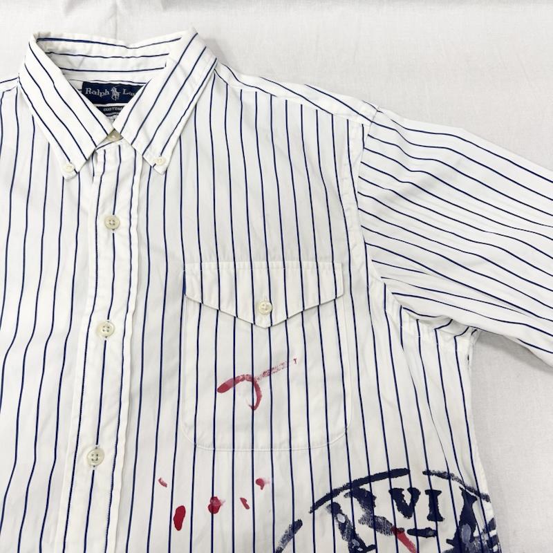 ラルフローレン RALPHLAUREN シャツ、ブラウス 長袖 BDシャツ ポニー刺繍 ボタンダウン ストライプシャツ ウイングフット ペイントらくがき風 L プリント X ストライプ 白 / ホワイト / white X 紺 / ネイビー / navy X 赤 / レッド / red メンズ USED 古着 中古 50151673