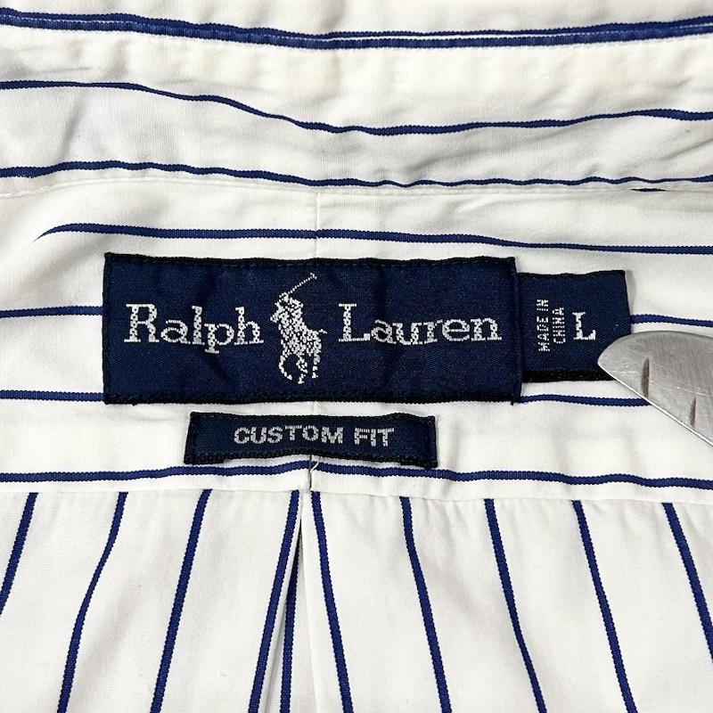 ラルフローレン RALPHLAUREN シャツ、ブラウス 長袖 BDシャツ ポニー刺繍 ボタンダウン ストライプシャツ ウイングフット ペイントらくがき風 L プリント X ストライプ 白 / ホワイト / white X 紺 / ネイビー / navy X 赤 / レッド / red メンズ USED 古着 中古 50151673