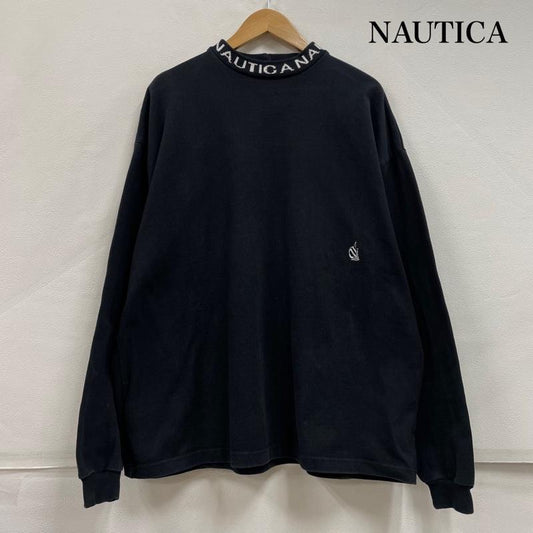 ノーティカ NAUTICA Tシャツ 長袖 ヘビーウェイト モックネック ロゴ プリント ハイネック ロングスリーブ L ロゴ、文字 X ワンポイント X 刺繍 黒 / ブラック / black X 白 / ホワイト / white メンズ USED 古着 中古 50151708