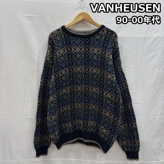 ウ゛ァンヒューゼン VANHEUSEN ニット、セーター 長袖 90-00年代 ビンテージ USA製 総柄 クルーネック ニット セーター 90s 00s VINTAGE XL メンズ USED 古着 中古 50151865