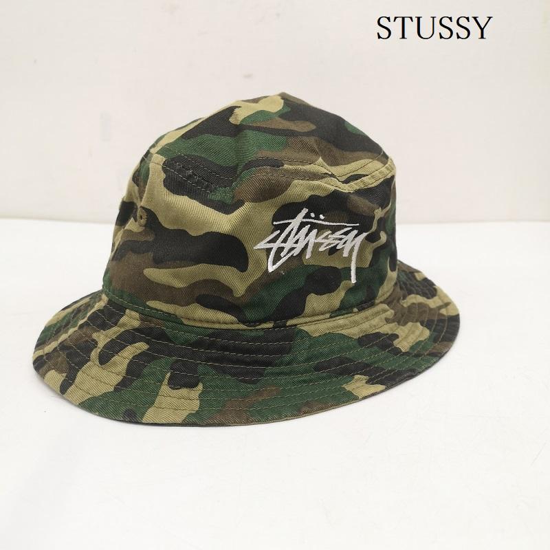 ステューシー STUSSY 帽子 ハット ストック ロゴ 刺繡 迷彩 バケット ハット キッズ 子供 - オリーブグリーン / オリーブグリーン / ボーイズ USED 古着 中古 50151920