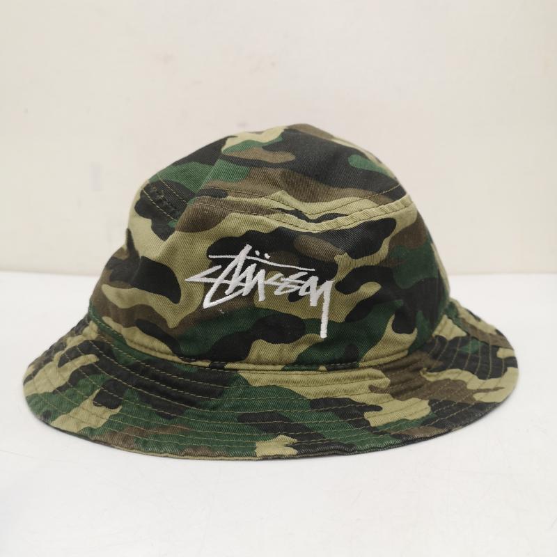 ステューシー STUSSY 帽子 ハット ストック ロゴ 刺繡 迷彩 バケット ハット キッズ 子供 - オリーブグリーン / オリーブグリーン / ボーイズ USED 古着 中古 50151920