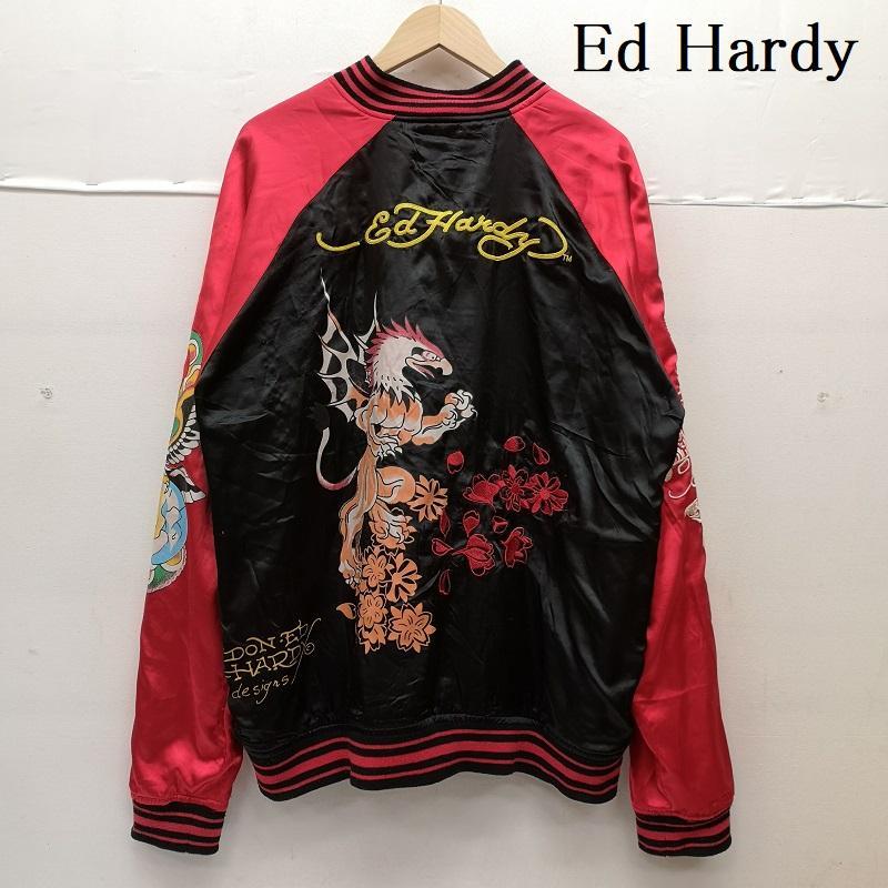 エドハーディー Ed Hardy ジャケット、上着 ジャンパー、ブルゾン スカル 鷹 刺繍 サテン ボンバー ジャケット スカジャン XXL 黒 / ブラック / black X 赤 / レッド / red メンズ USED 古着 中古 50151964