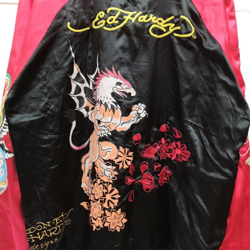 エドハーディー Ed Hardy ジャケット、上着 ジャンパー、ブルゾン スカル 鷹 刺繍 サテン ボンバー ジャケット スカジャン XXL 黒 / ブラック / black X 赤 / レッド / red メンズ USED 古着 中古 50151964