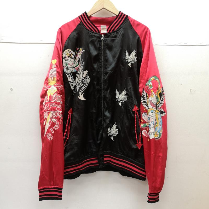 エドハーディー Ed Hardy ジャケット、上着 ジャンパー、ブルゾン スカル 鷹 刺繍 サテン ボンバー ジャケット スカジャン XXL 黒 / ブラック / black X 赤 / レッド / red メンズ USED 古着 中古 50151964