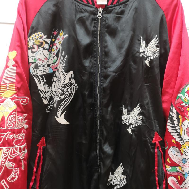 エドハーディー Ed Hardy ジャケット、上着 ジャンパー、ブルゾン スカル 鷹 刺繍 サテン ボンバー ジャケット スカジャン XXL 黒 / ブラック / black X 赤 / レッド / red メンズ USED 古着 中古 50151964