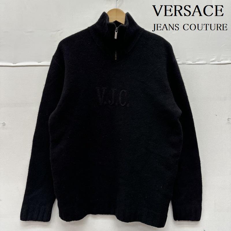 ヴェルサーチジーンズクチュール VERSACE JEANS COUTURE トップス トップス ロゴ 刺繍 ハーフ ジップ ニット M 黒 / ブラック / black メンズ USED 古着 中古 50152014