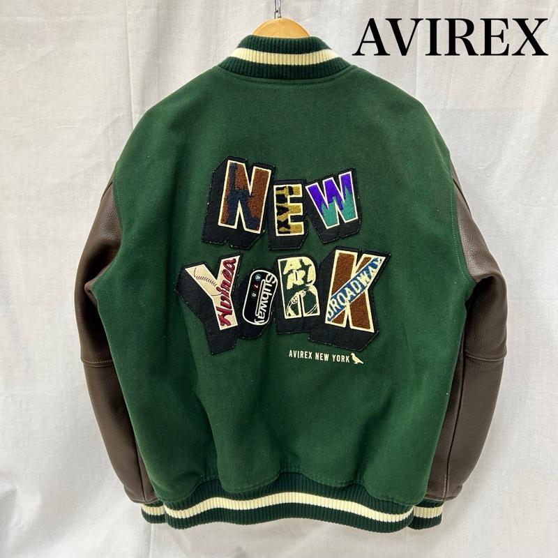 アヴィレックス AVIREX ジャケット、上着 ジャンパー、ブルゾン 783-3252047 NYC STADIUM JACKET green×brown レザー切り替えし ワッペンデザイン L ロゴ、文字 緑 / グリーン / green X 茶 / ブラウン / brown メンズ USED 古着 中古 50152038