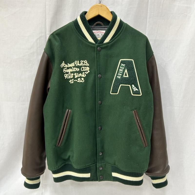 アヴィレックス AVIREX ジャケット、上着 ジャンパー、ブルゾン 783-3252047 NYC STADIUM JACKET green×brown レザー切り替えし ワッペンデザイン L ロゴ、文字 緑 / グリーン / green X 茶 / ブラウン / brown メンズ USED 古着 中古 50152038