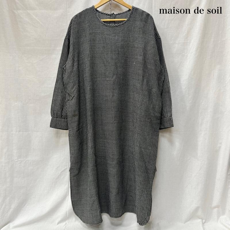 メゾンドソイル maison de soil ワンピース ロングスカート スモックワンピース バックボタンワンピース ノーカラー チェック ウール ブラック サイズ２ 2 チェック 白 / ホワイト / white X 黒 / ブラック / black レディース USED 古着 中古 50152658